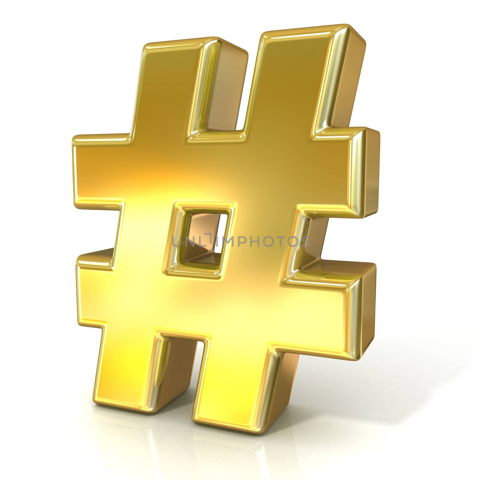 Hashtag, number mark 3D golden sign isolated on white background