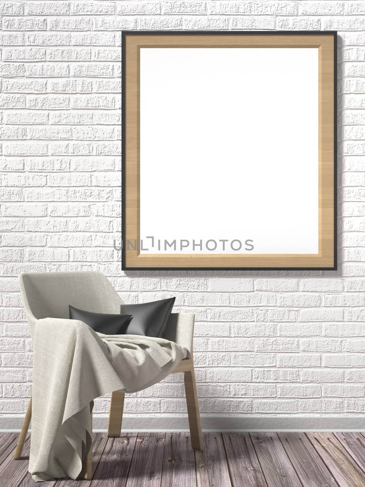 Blank picture frame with white armchair. Mock up poster. 3D render illustration