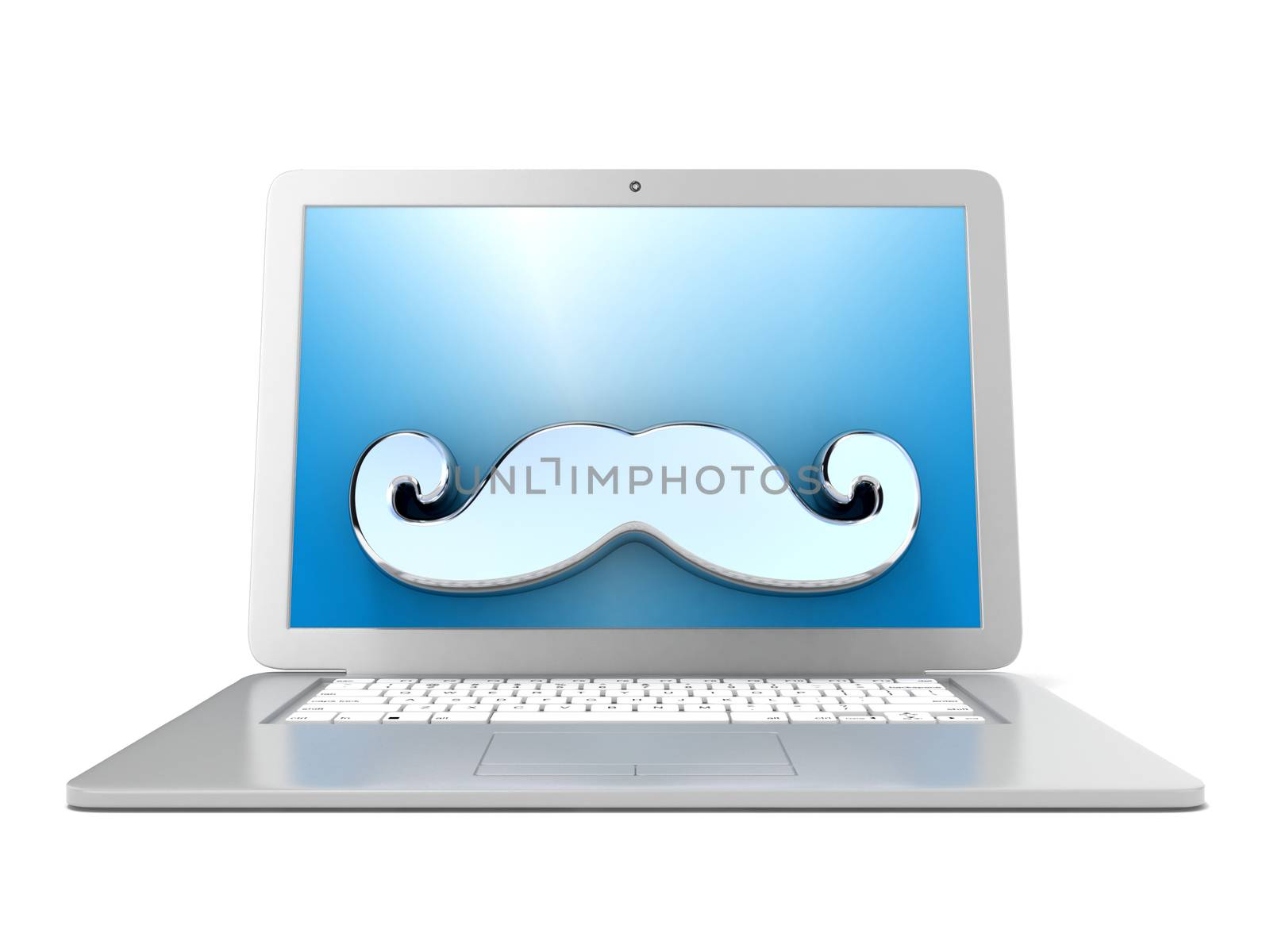 Mustache on laptop. Front view. 3D render illustration isolated on white background