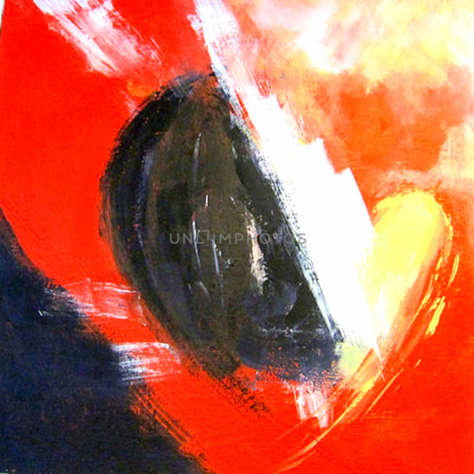 Painting with the title: Broken heart. Acryl on canvas. Red, black, dark gray, yellow colors.