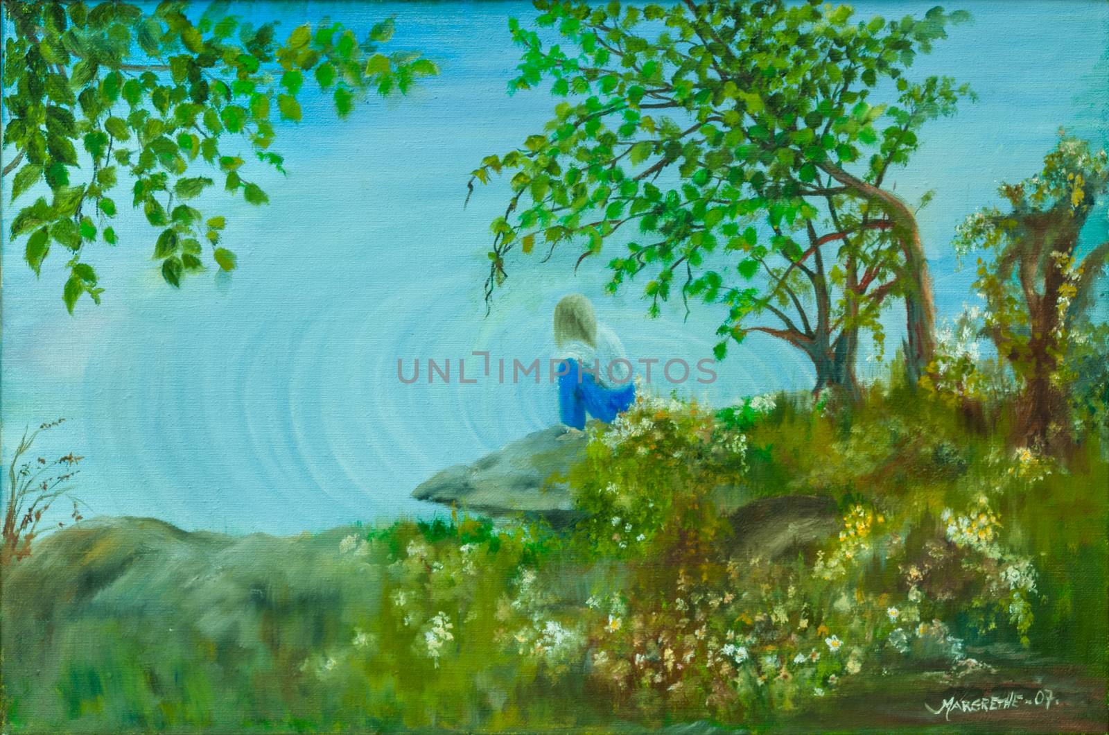 Oil painting on canvas of a lonely girl by the lake by QQJXw824zEfXDVTP9u