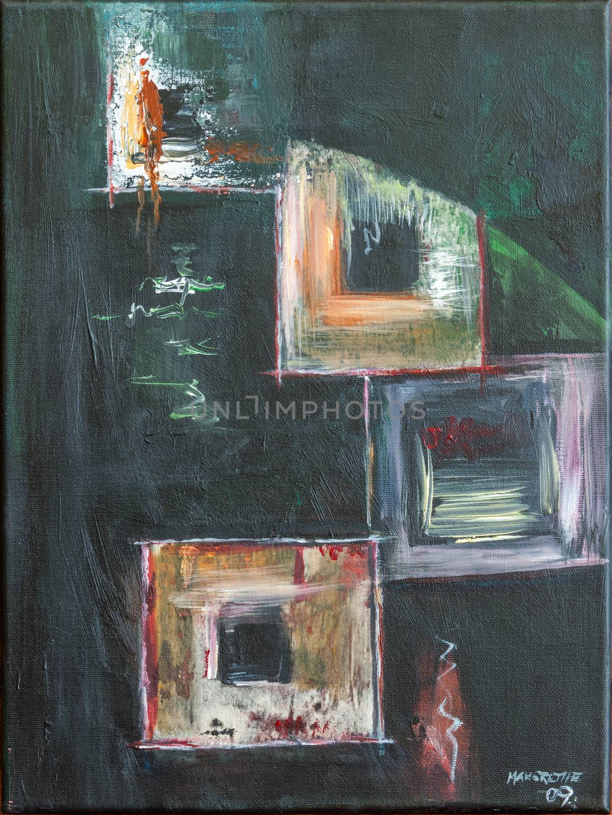 Nonfigurative oil art painting on canvas. Painting inspired by windows in different sizes, forms, and colors.