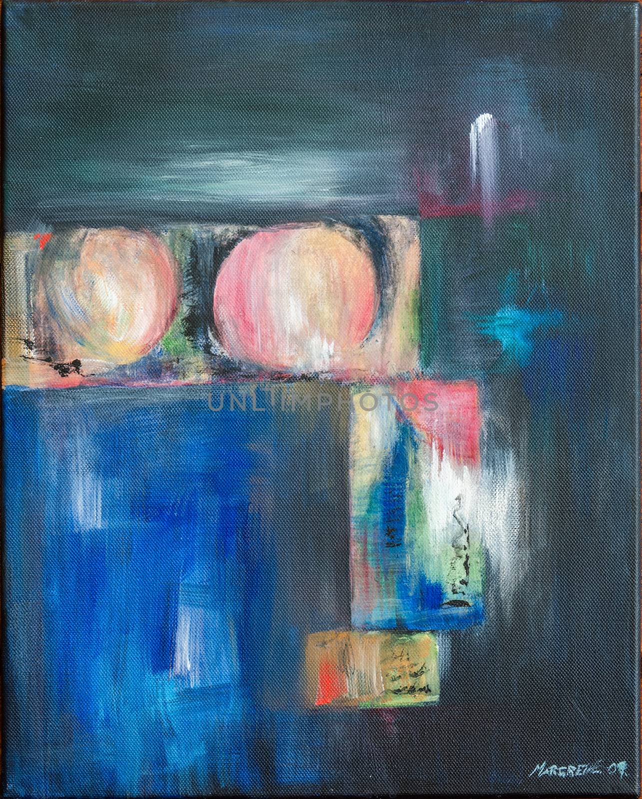 Abstract painting with bluish colors. Nonfigurative oil painting on canvas. Inspired by fruits in a garden.