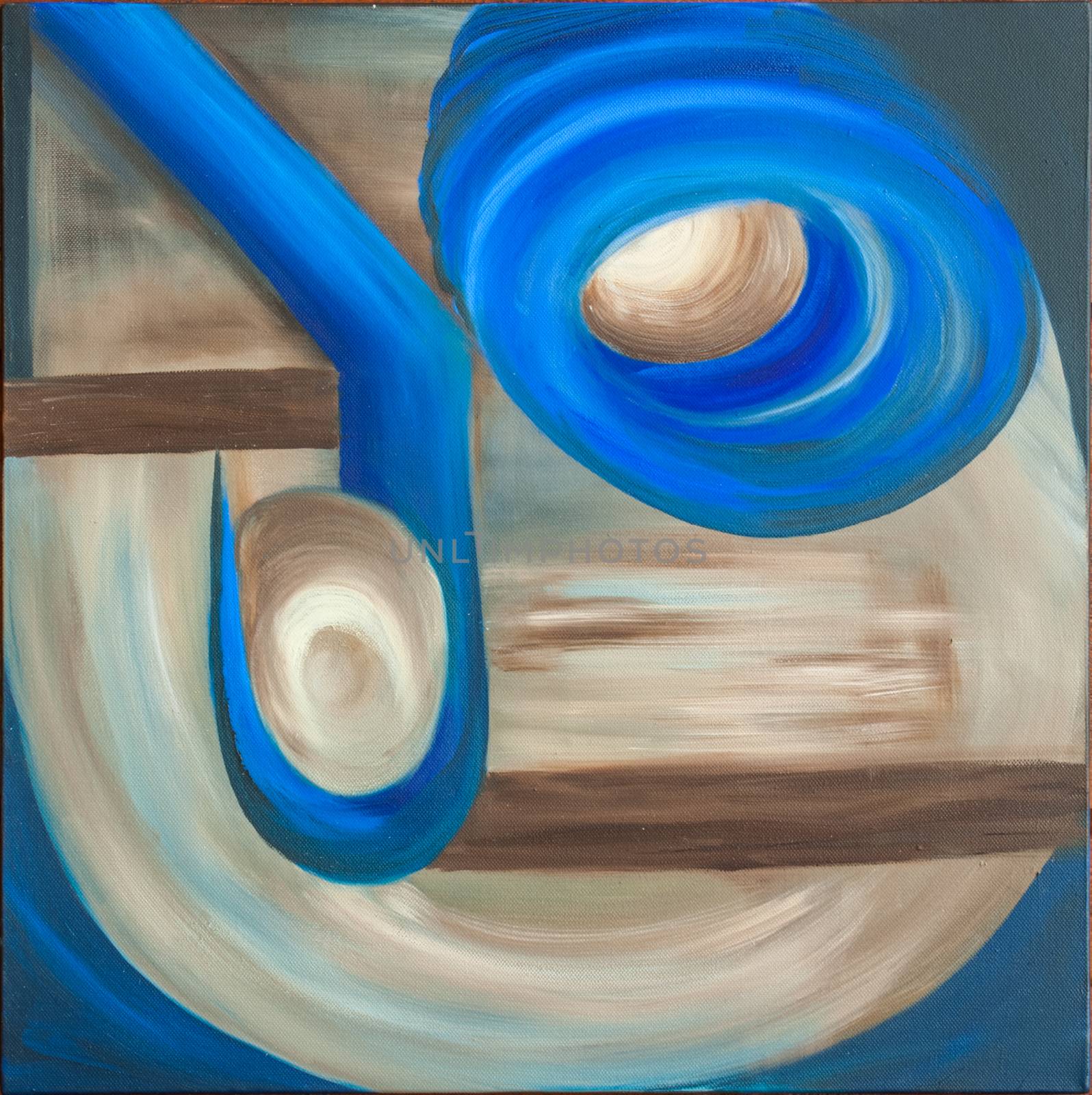 Abstract oil painting on canvas containing circular blue elements