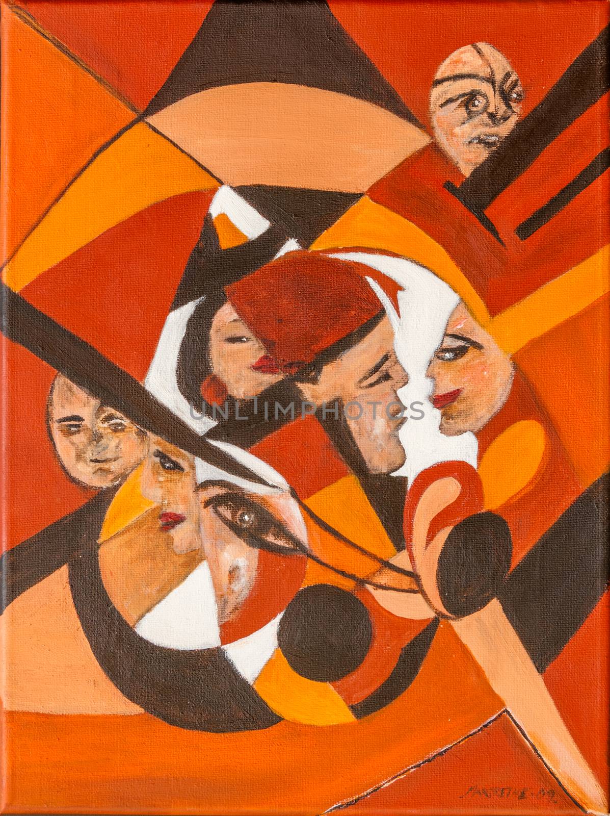 The clown in the circle. Both figurative and non-figurative at the same time. Different clown faces in a circle. A scene from many situations in life.Orange, dark brown, white colors.