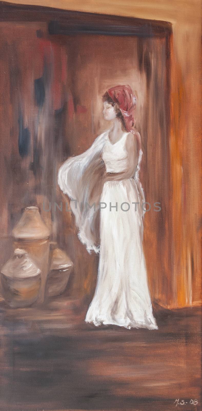 Lady in white dress is posing like a model. Figurative oil painting art on canvas