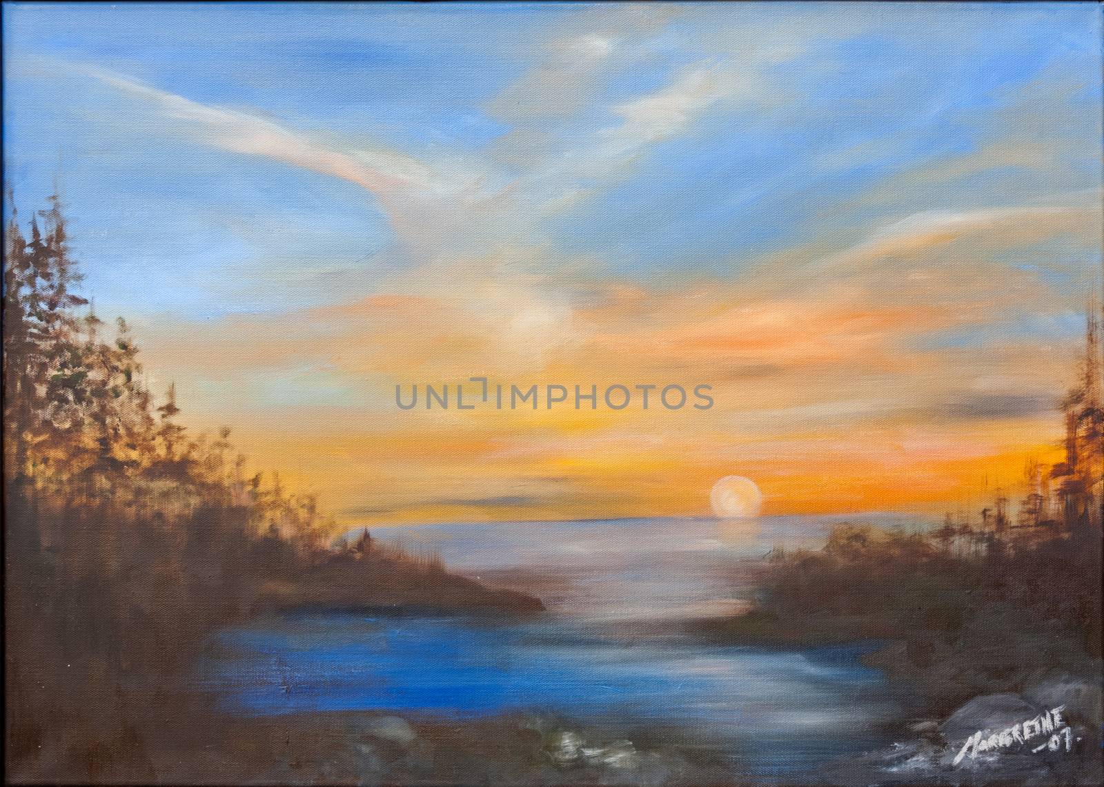 Sunset over the sea in western Norway in the late summer. Oil painting on canvas. Sea, forest, and mountains. Figurative art.