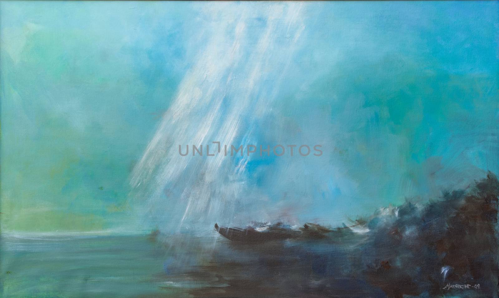 Sunlight is penetrating down into the sea. An underwater scenery in northern Norway. Oil painting on canvas.