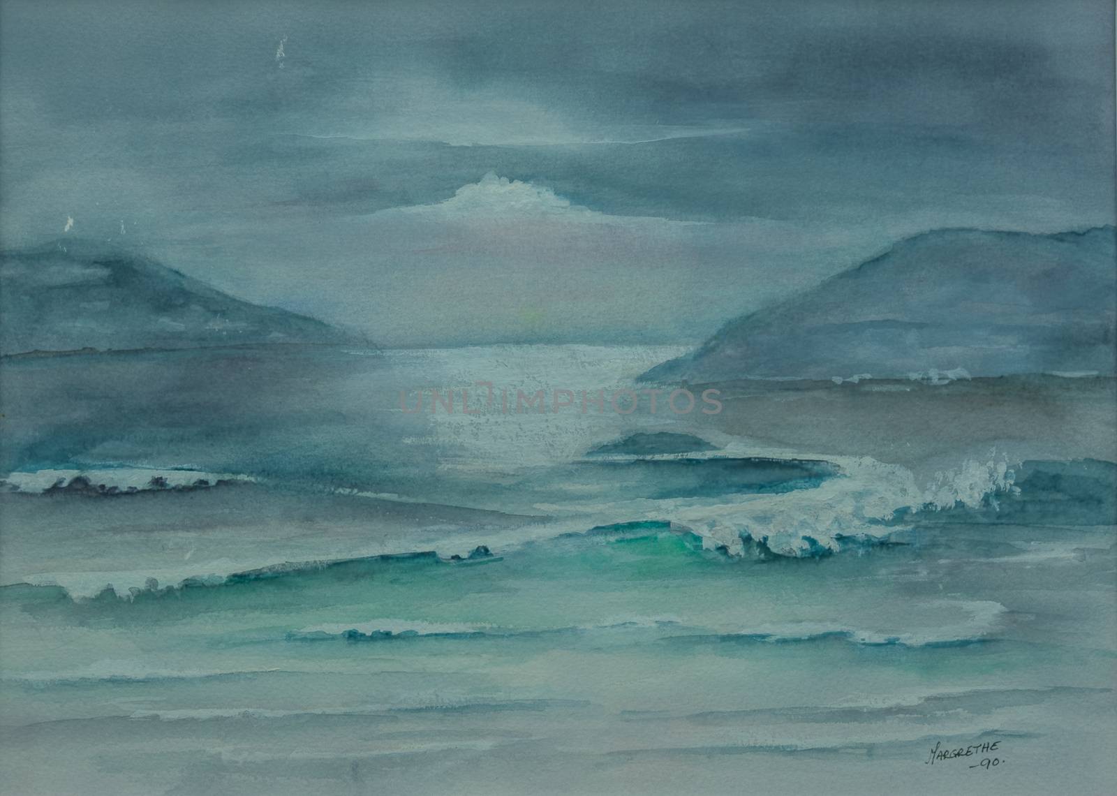 Scenery from the sea painted with watercolor. Fjord landscape from western Norway. Waves of the open sea.