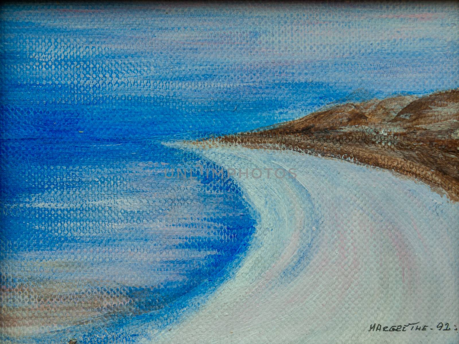 Midnight sun over the ocean in northern Norway. Oil painting on canvas. Figurative art where the main color is light blue. Winter scenery. by QQJXw824zEfXDVTP9u