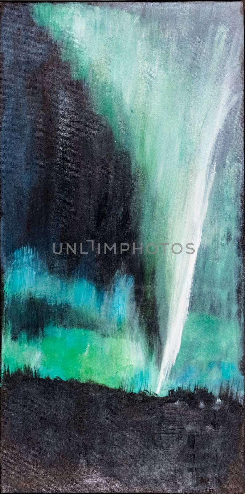 Northern light in Svanvik, Pasvikdalen, Finnmark, Norway. Oil painting based on a photo.