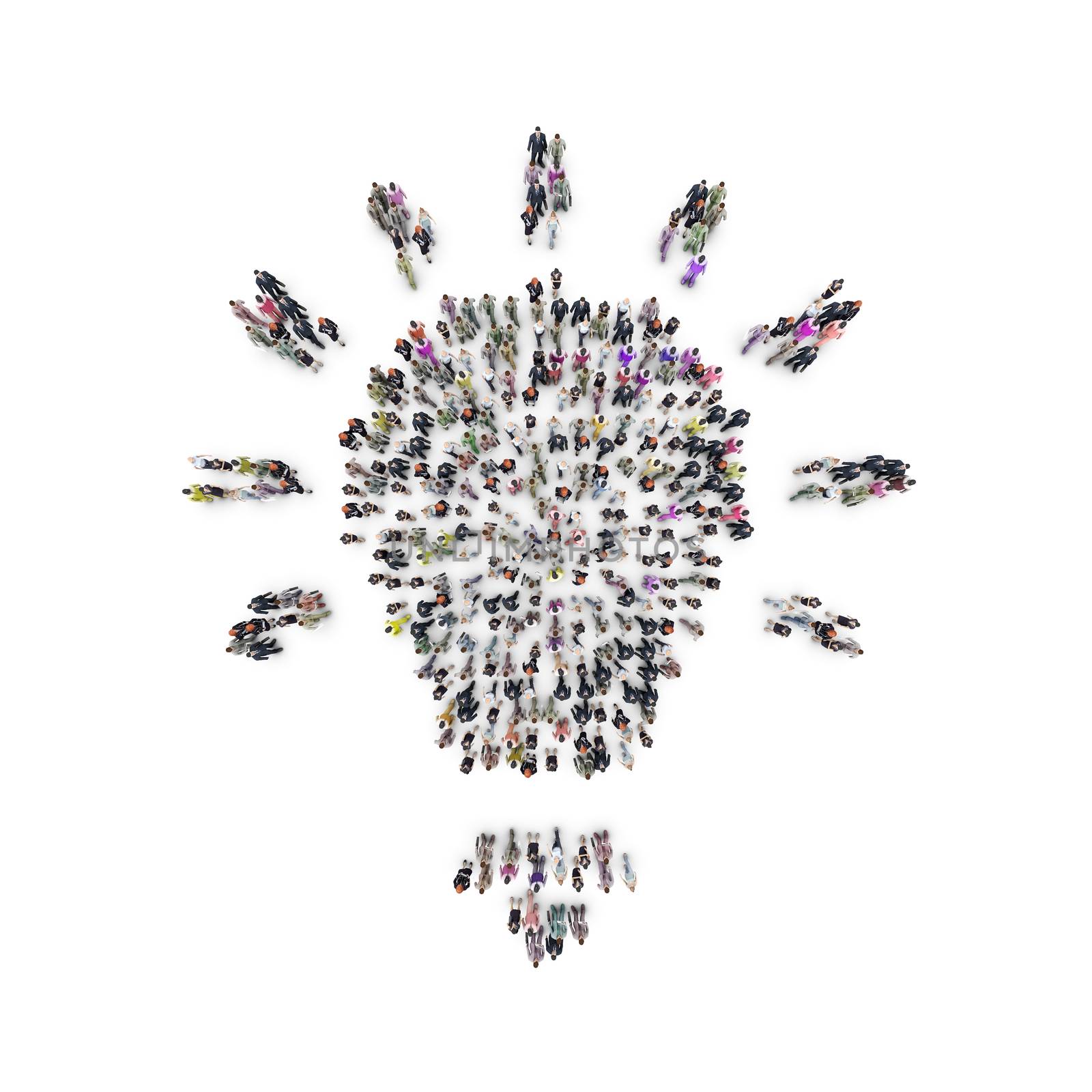 Aerial view of men and women that are grouping in light bulb shape. 3D Rendering