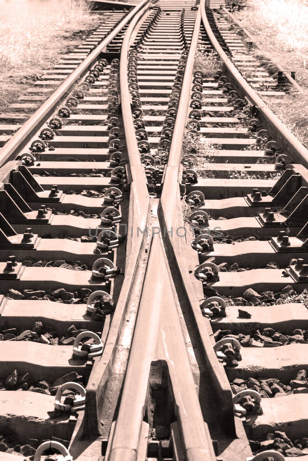 Railroad tracks at a train station Thailand.black and white picture