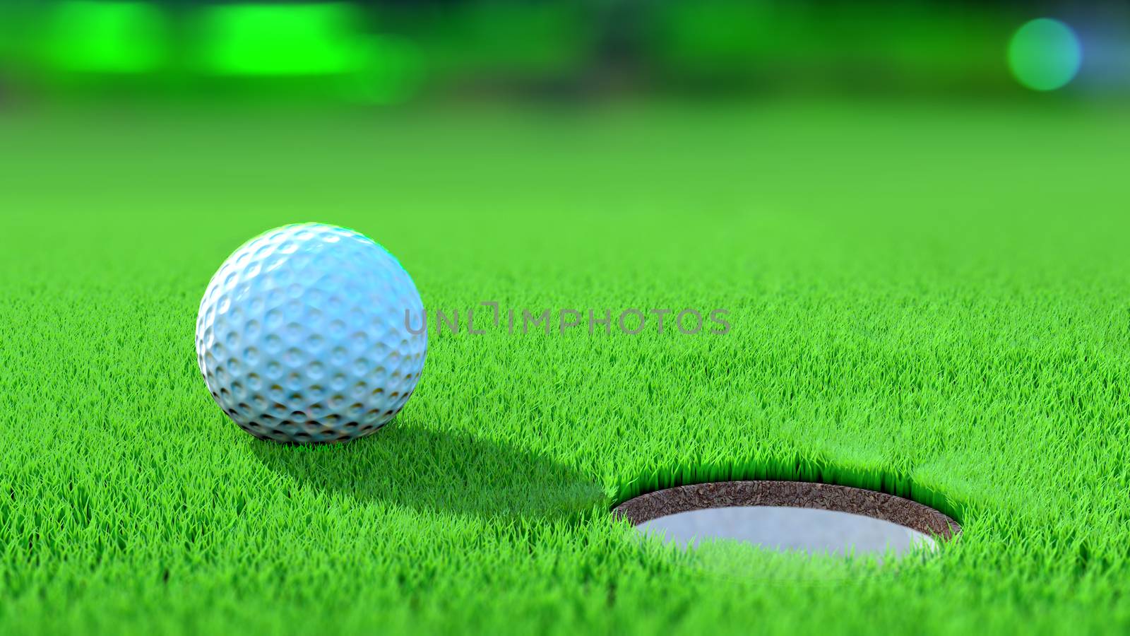 Close up view of a golf ball on the green near the hole. Win concept. 3D Rendering