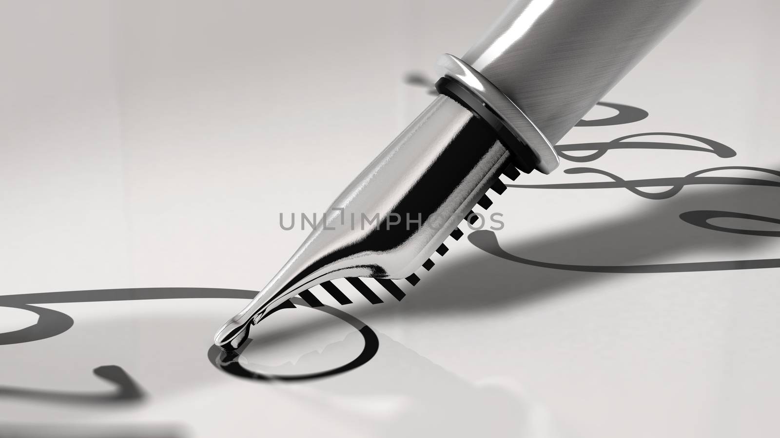 Close up view of a fountain pen writing cursive letter. 3D Rendering