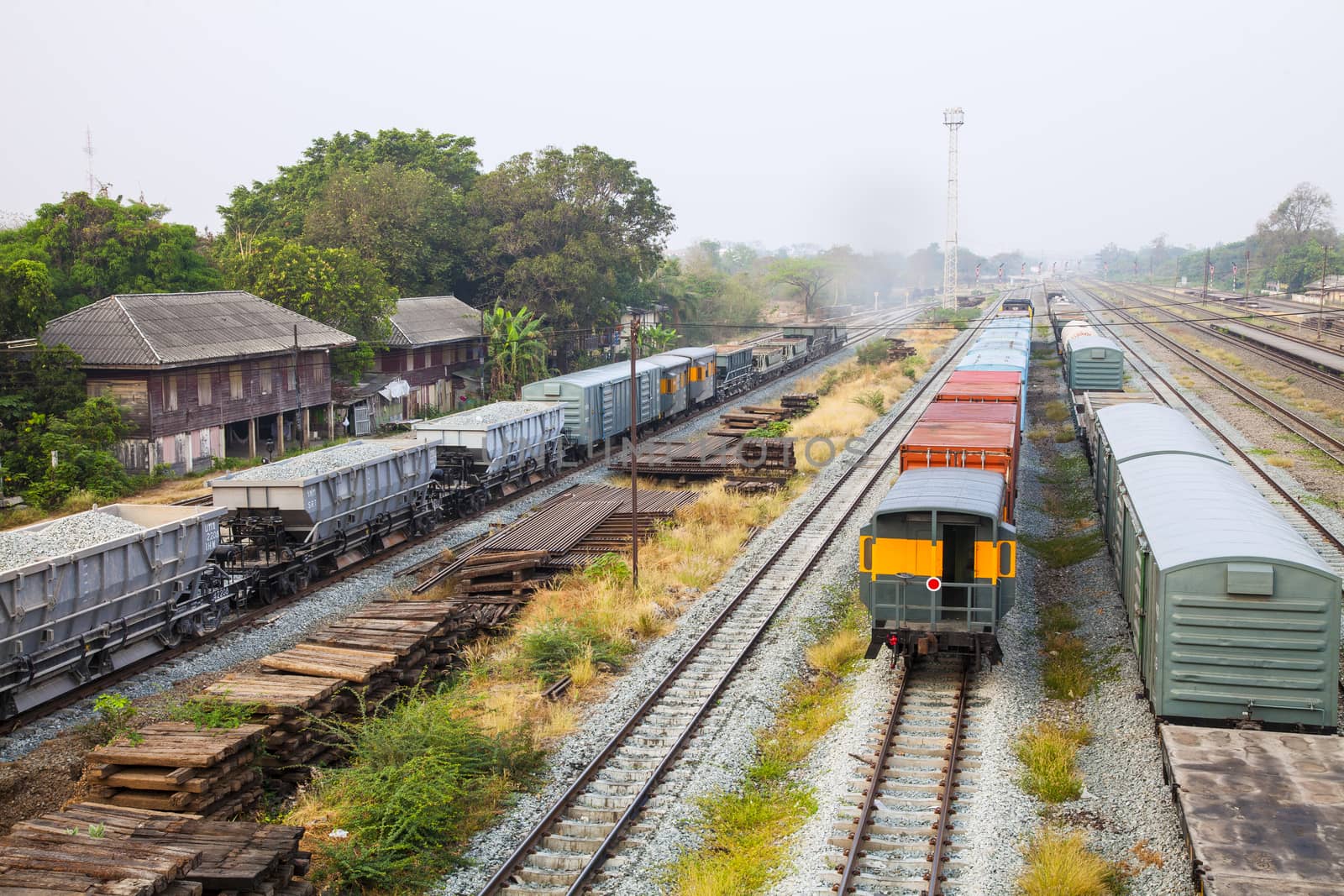 Freight trains on city cargo terminal