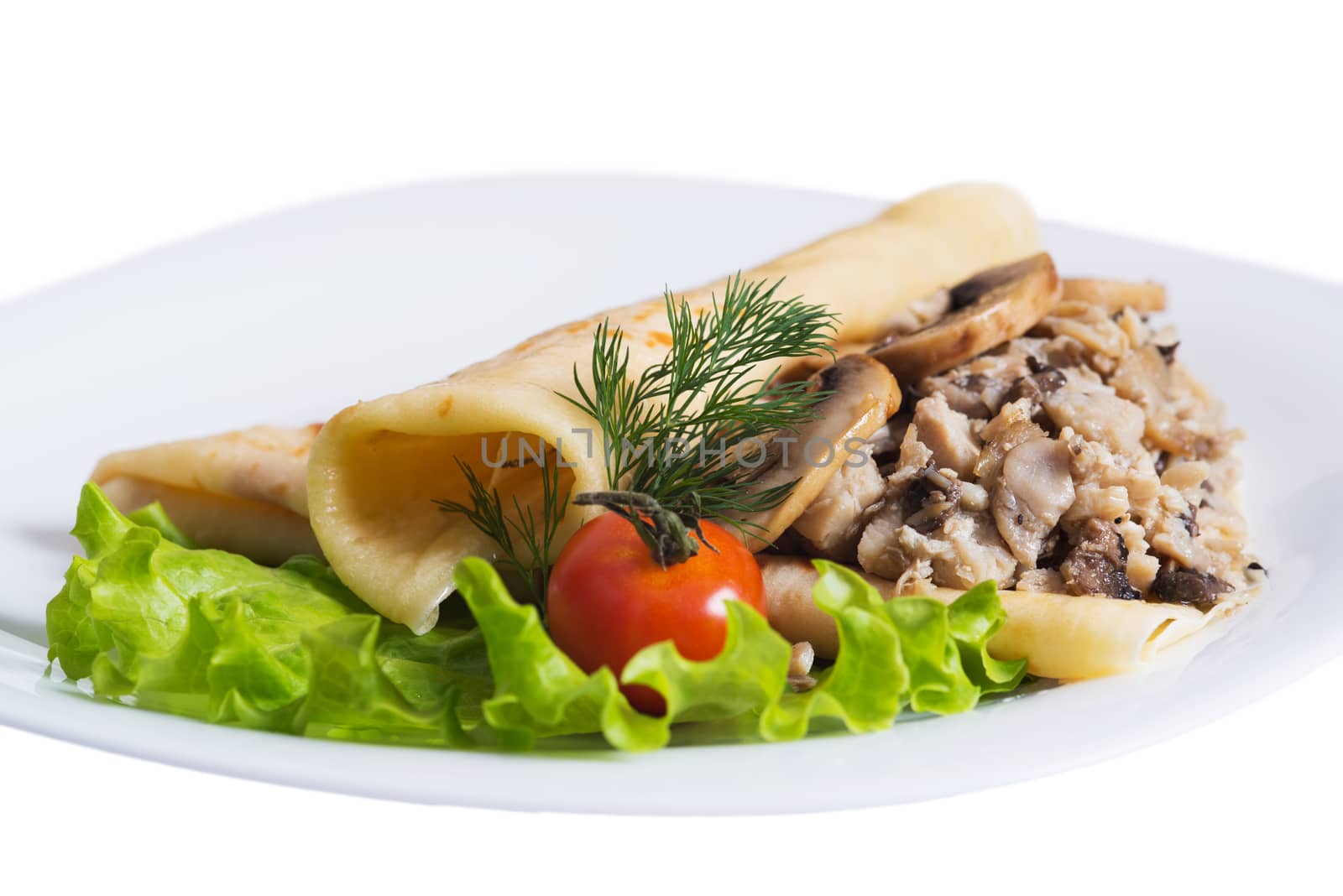 Pancakes with meat and mushrooms on plate on a white background, isolated