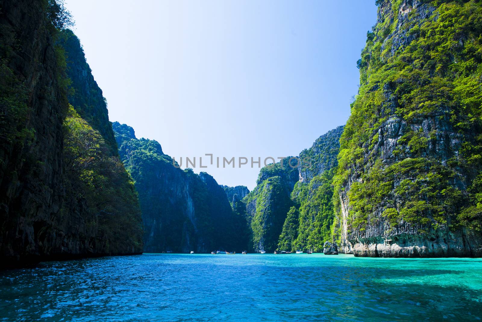 Thailand beach seascape with ring of steep limestone hills and traditional bright longtail boats parking, Maya Bay, Ko Phi Phi Lee island, Phi Phi archipelago, part of Krabi Province, Andaman Sea