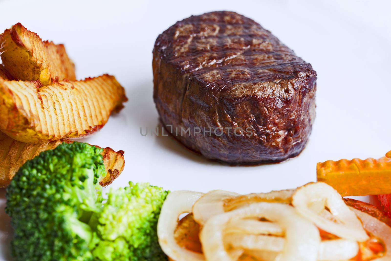 Grilled beef steaks and vegetables,luxury hotel food.