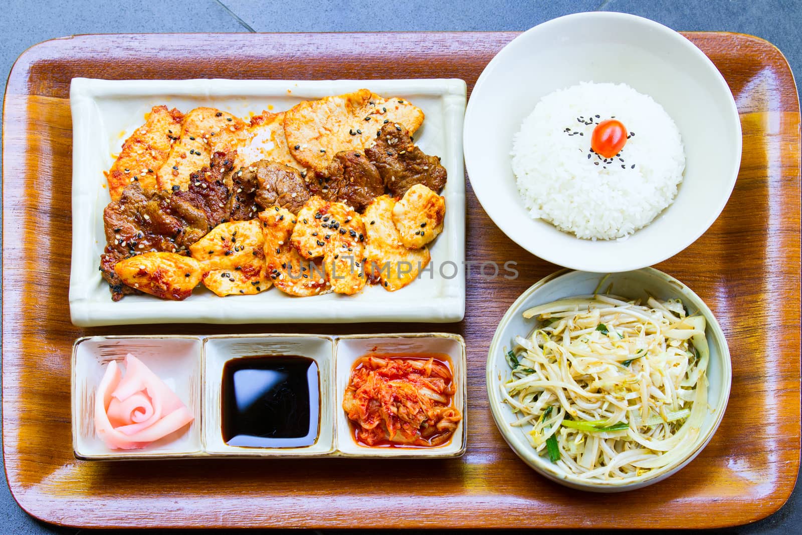 Pork with ginger set,with soup rice and salad