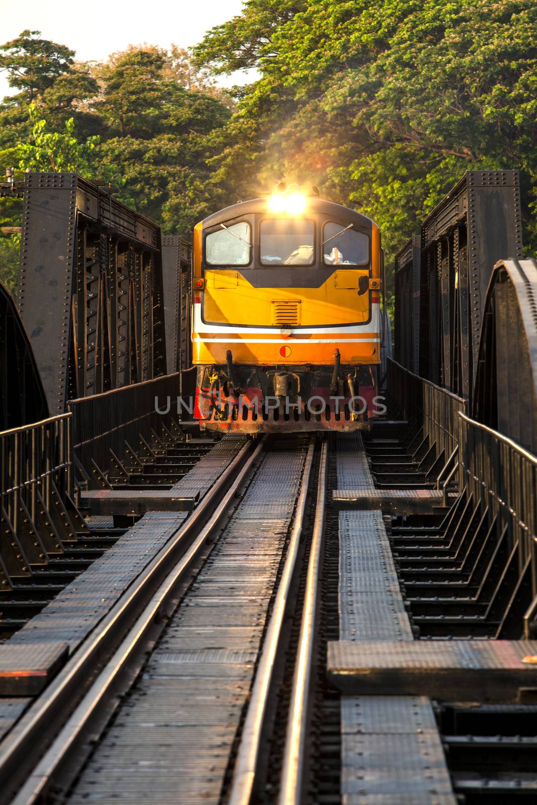 The electricity illuminates on railway river Kwai bridge Kanchanaburi province.