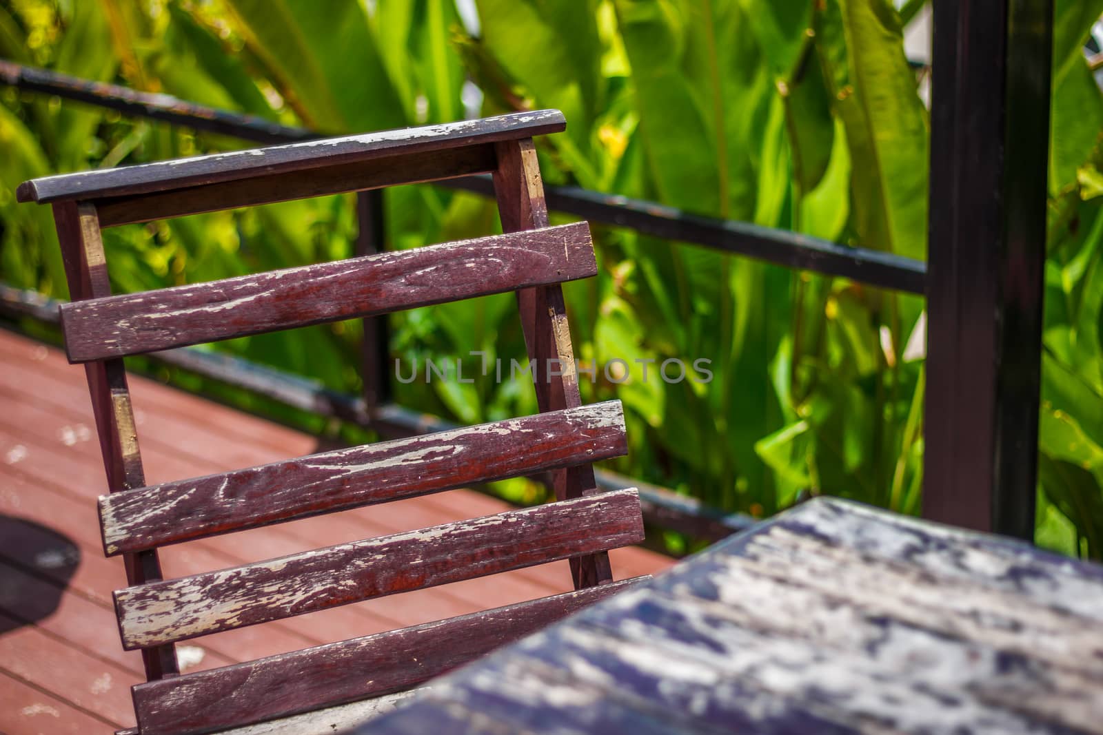 the   wooden chair and wooden table  in the garden