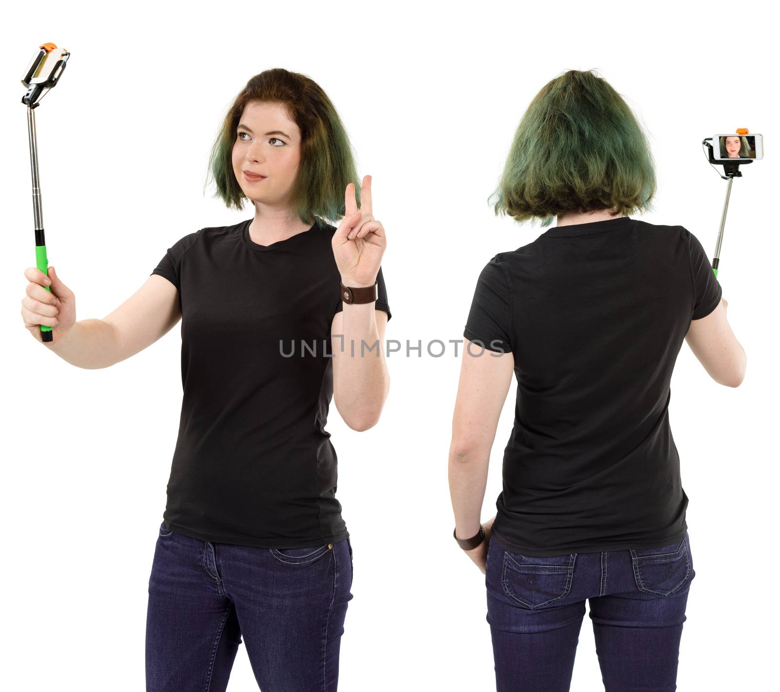 Photo of a woman with green hair posing for a selfie and wearing a blank black t-shirt, ready for your artwork or design.
