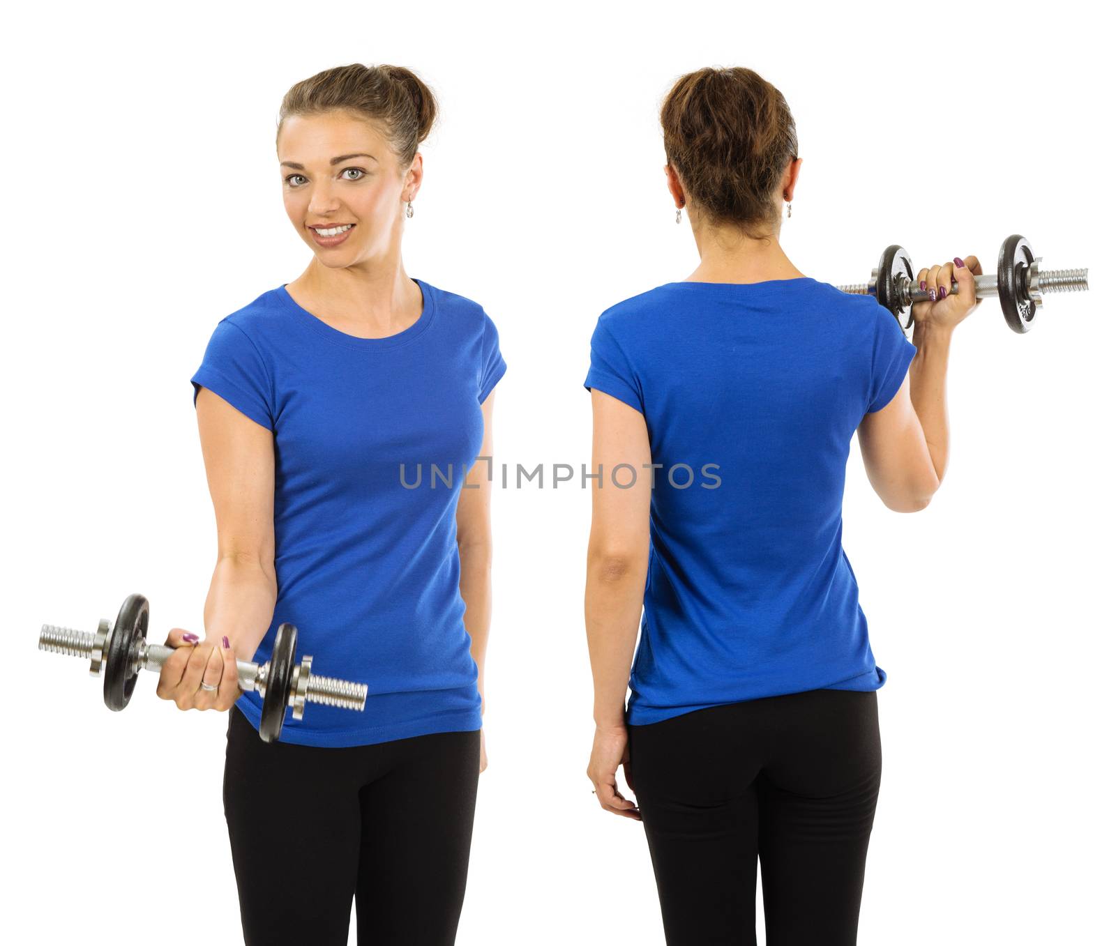 Slim woman wearing blank blue shirt and exercising
 by sumners