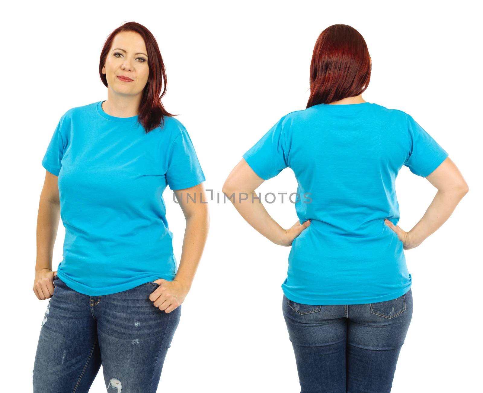 Photo of a woman posing with a blank light blue t-shirt and red hair, ready for your artwork or design.
