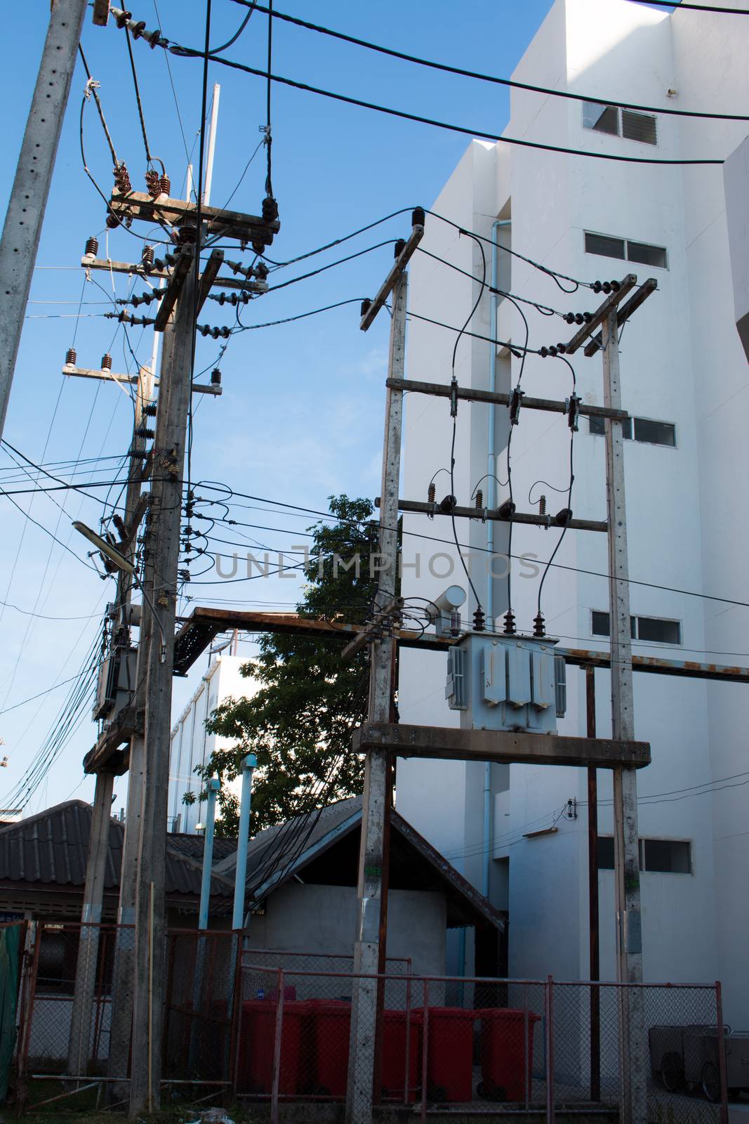 High voltage equipment on an electric pole.