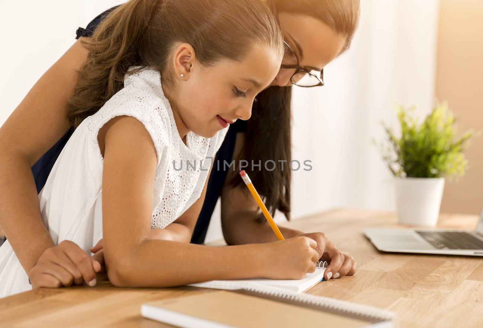 Mother and daugther at home doing homework together