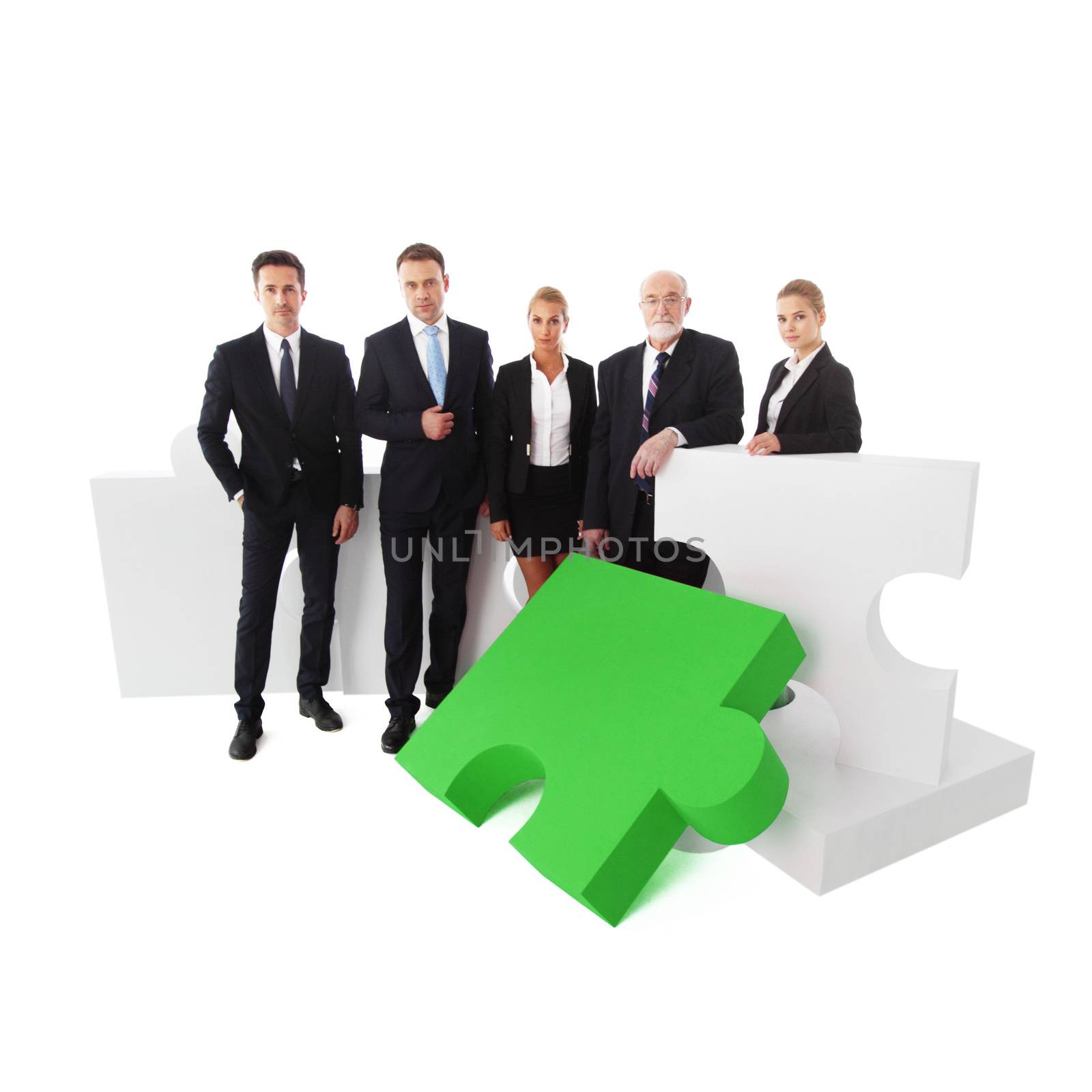 Portrait of business team and puzzle isolated on white background
