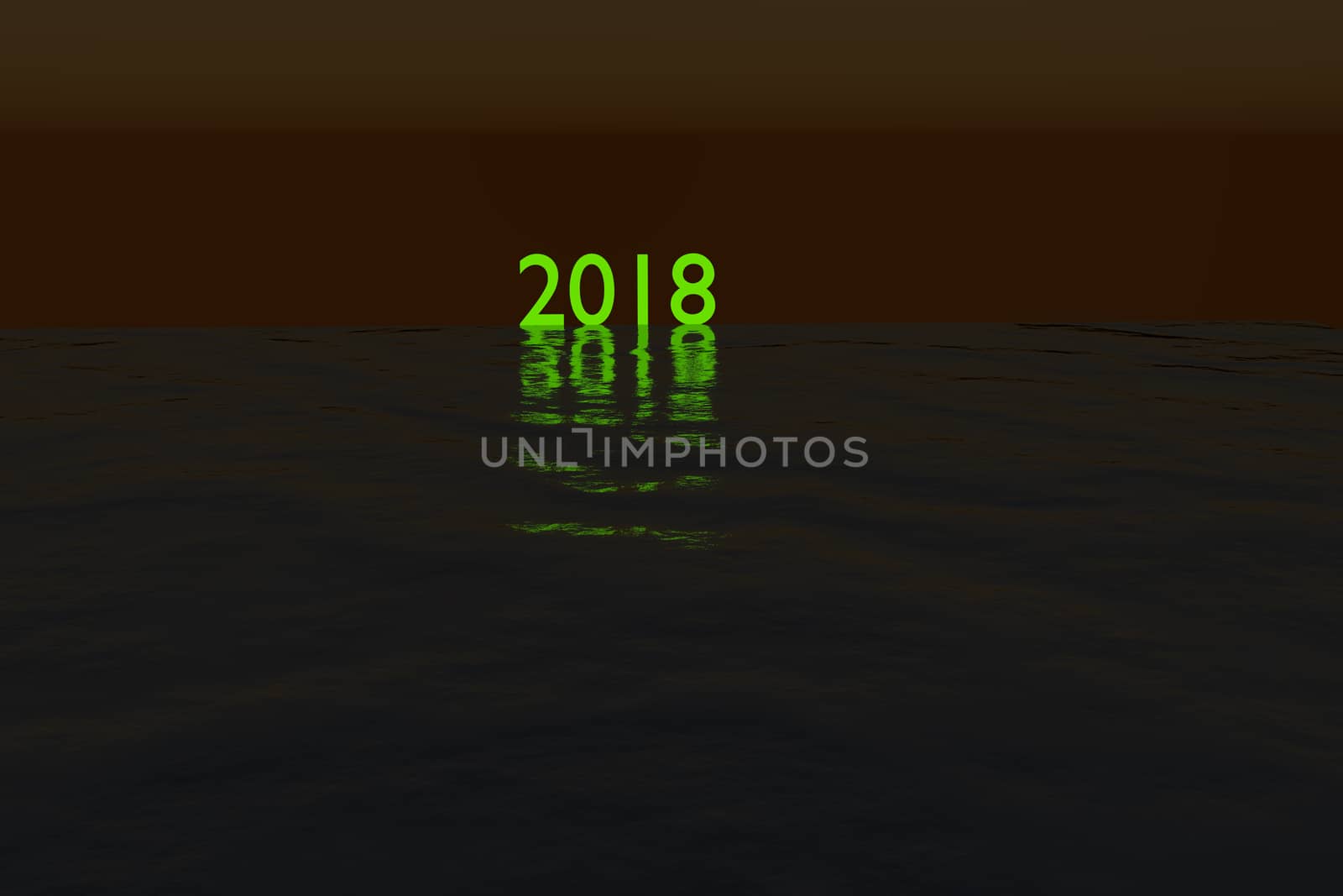 Green glowing 2018 on the sea during night rendered illustration