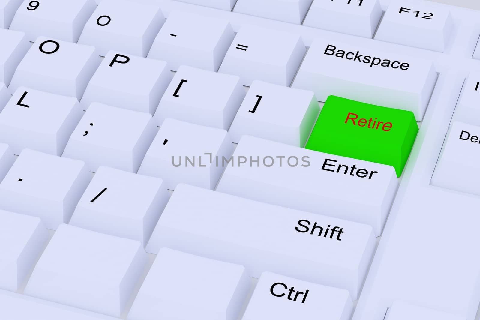 Green retire button on white keyboard keys rendered illustration