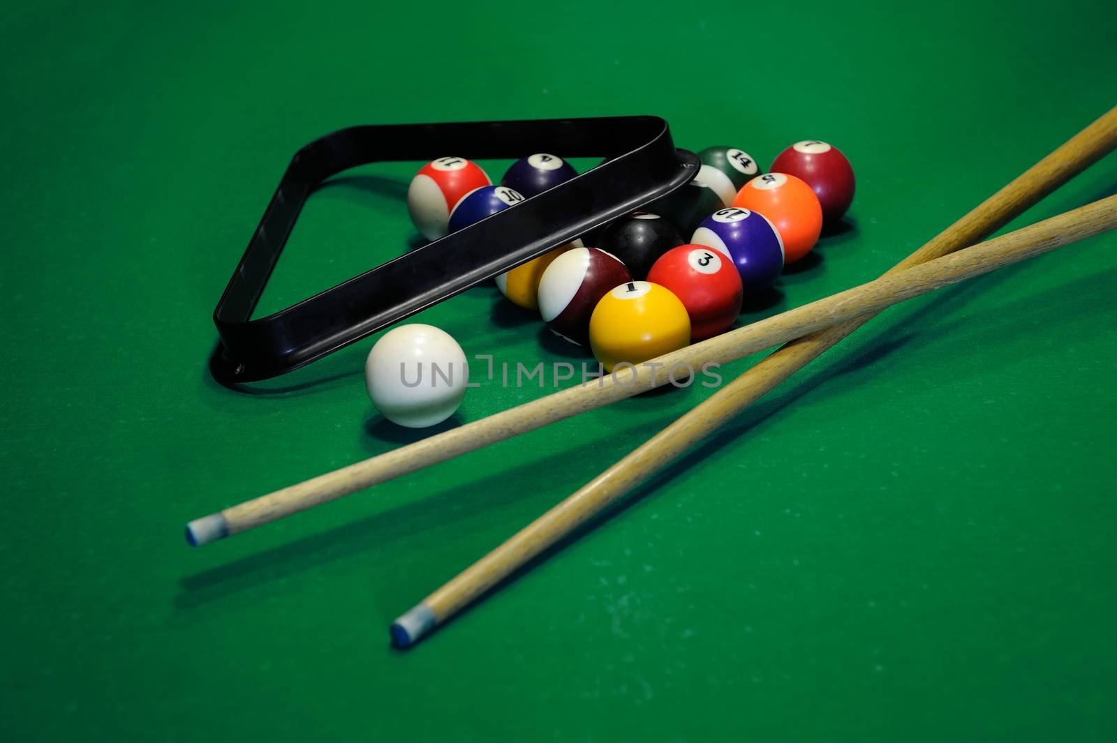 Top view of billiard balls and cues on green table