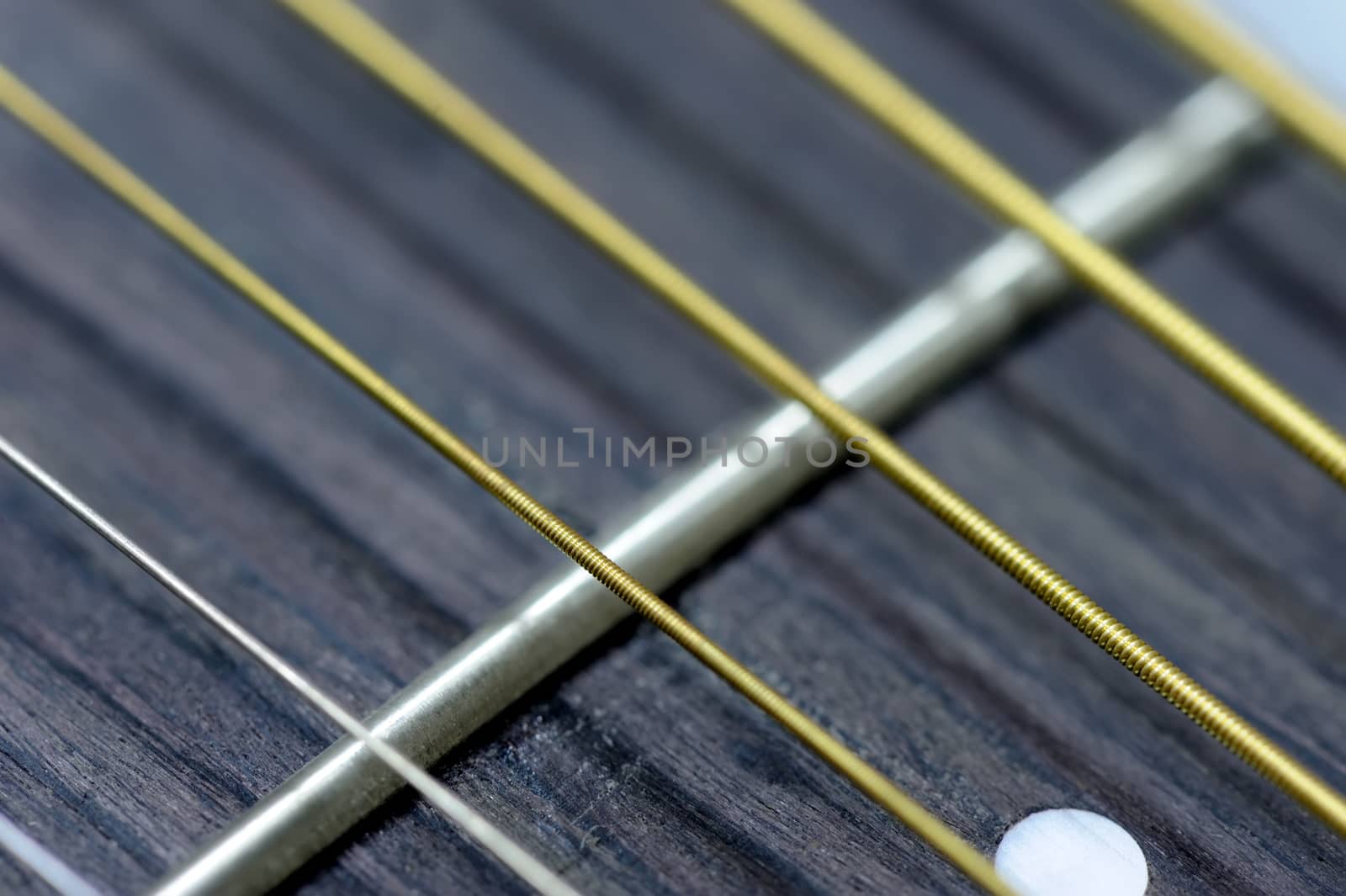 Close acoustic guitar strings and frets