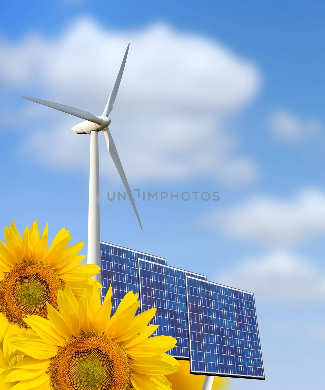 Renewable energy: windmill, solar panel and sunflower