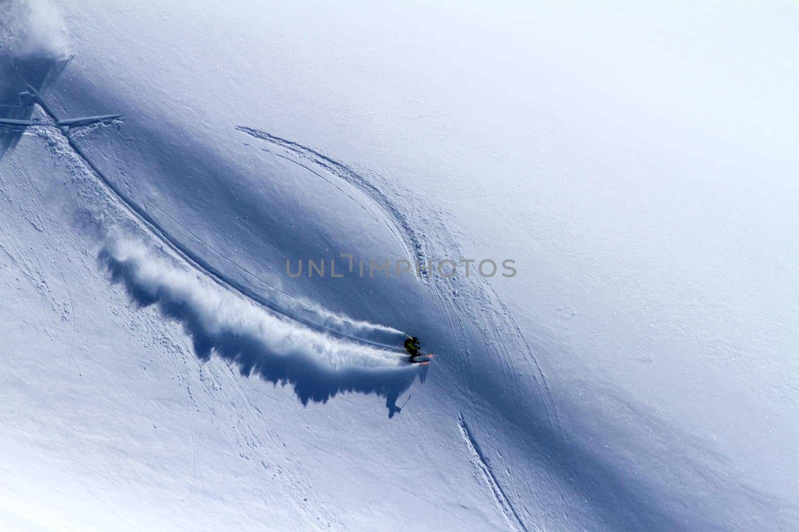 Ski traces on Kamchatka mountains. Aerial view