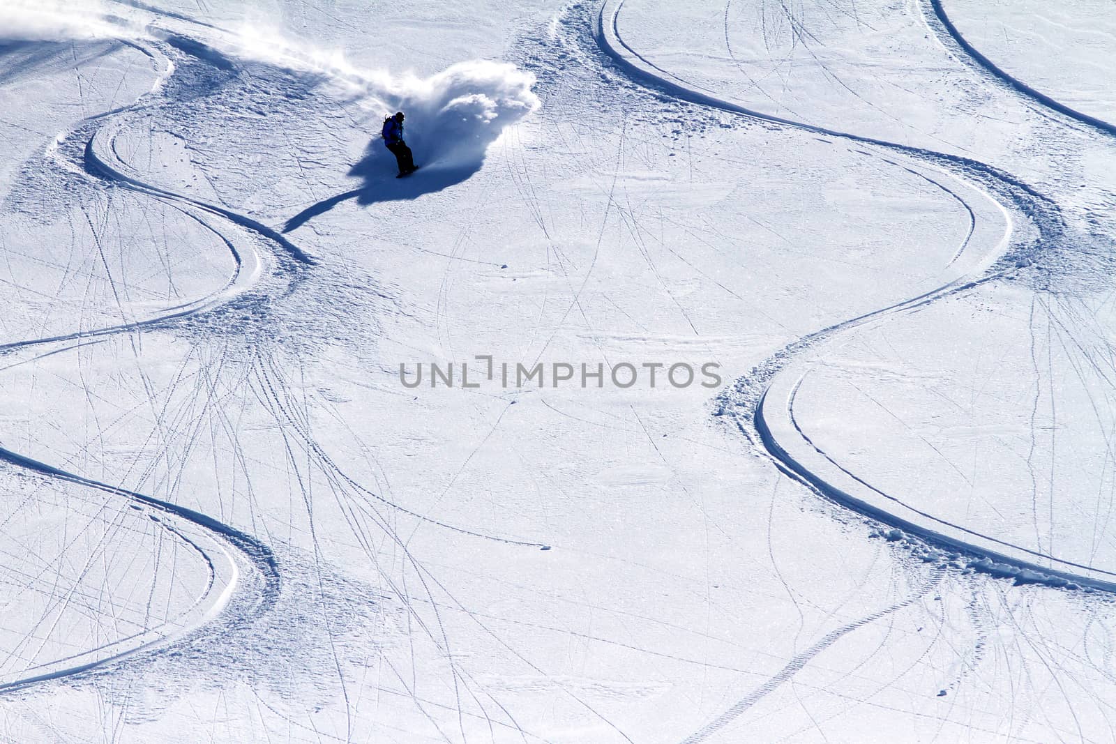 Ski traces on Kamchatka mountains. Aerial view