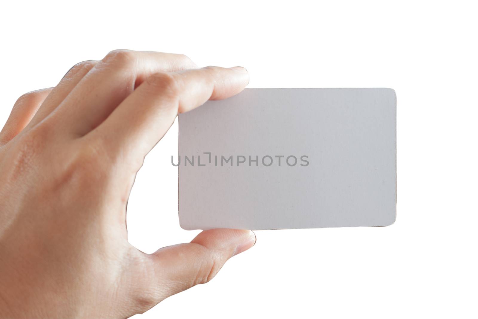 Business card on hand isolated on white background with clipping path