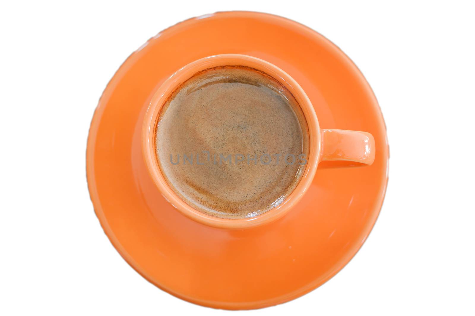 Top view of hot coffee on white background with clipping path