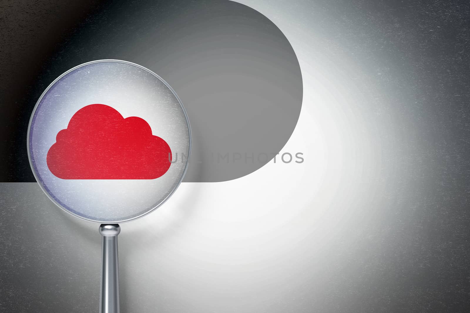 Cloud computing concept: magnifying optical glass with Cloud icon on digital background, empty copyspace for card, text, advertising, 3D rendering