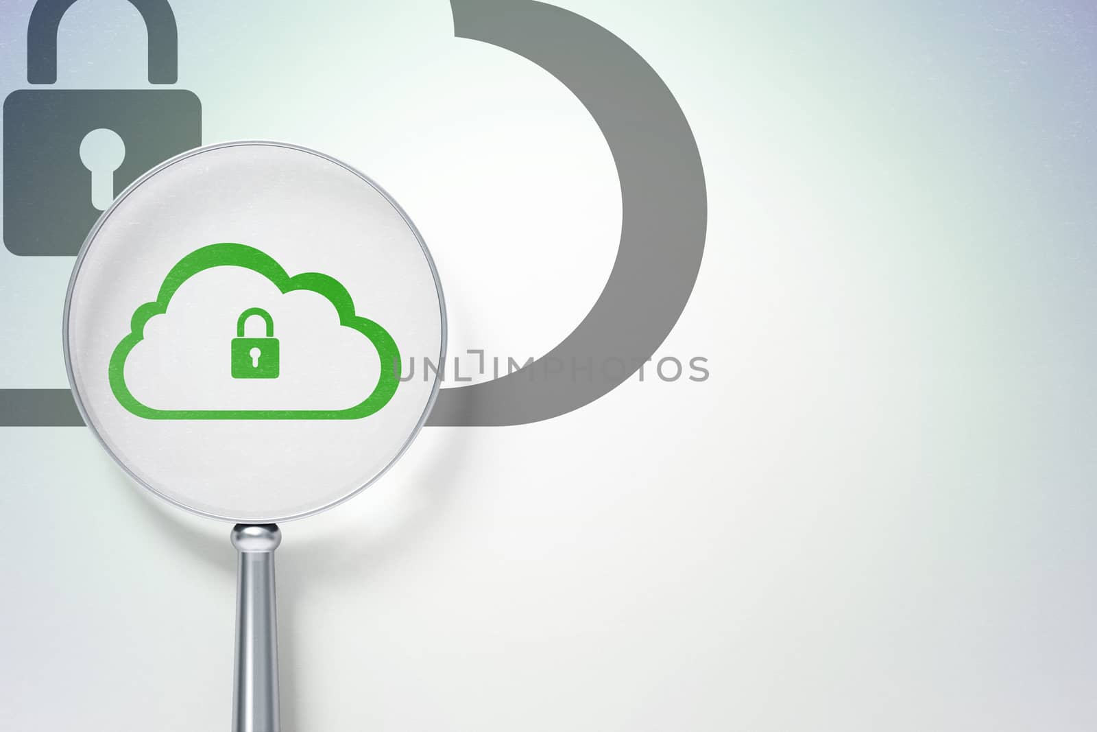 Cloud computing concept: magnifying optical glass with Cloud With Padlock icon on digital background, empty copyspace for card, text, advertising, 3D rendering