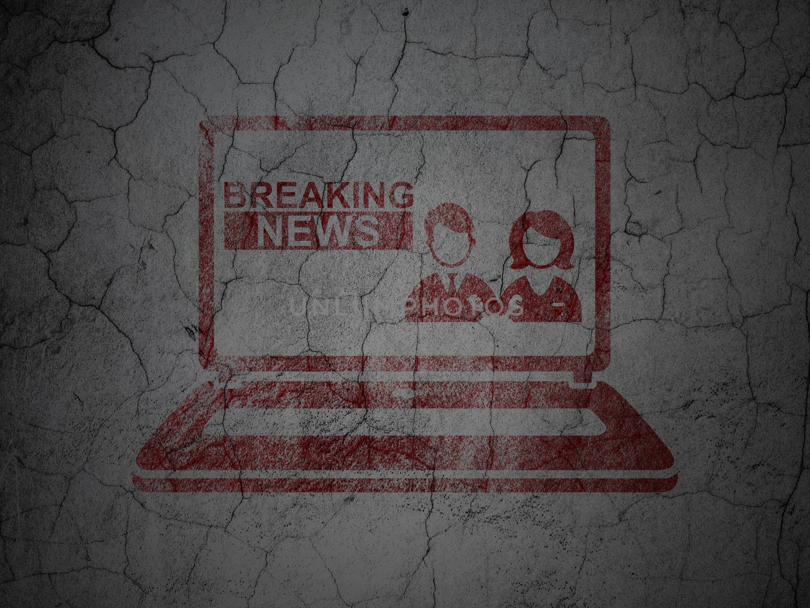 News concept: Red Breaking News On Laptop on grunge textured concrete wall background
