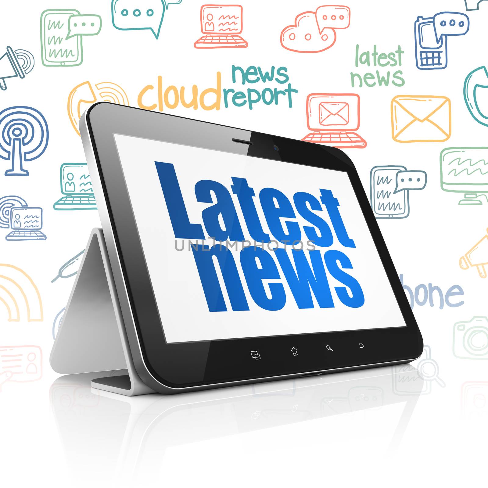 News concept: Tablet Computer with  blue text Latest News on display,  Hand Drawn News Icons background, 3D rendering