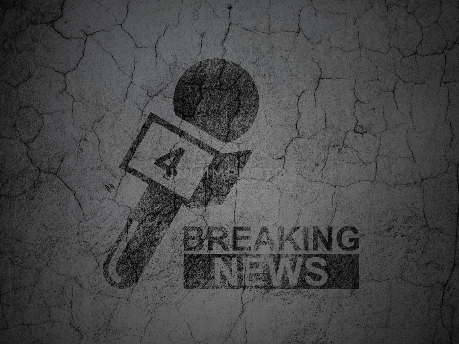 News concept: Black Breaking News And Microphone on grunge textured concrete wall background
