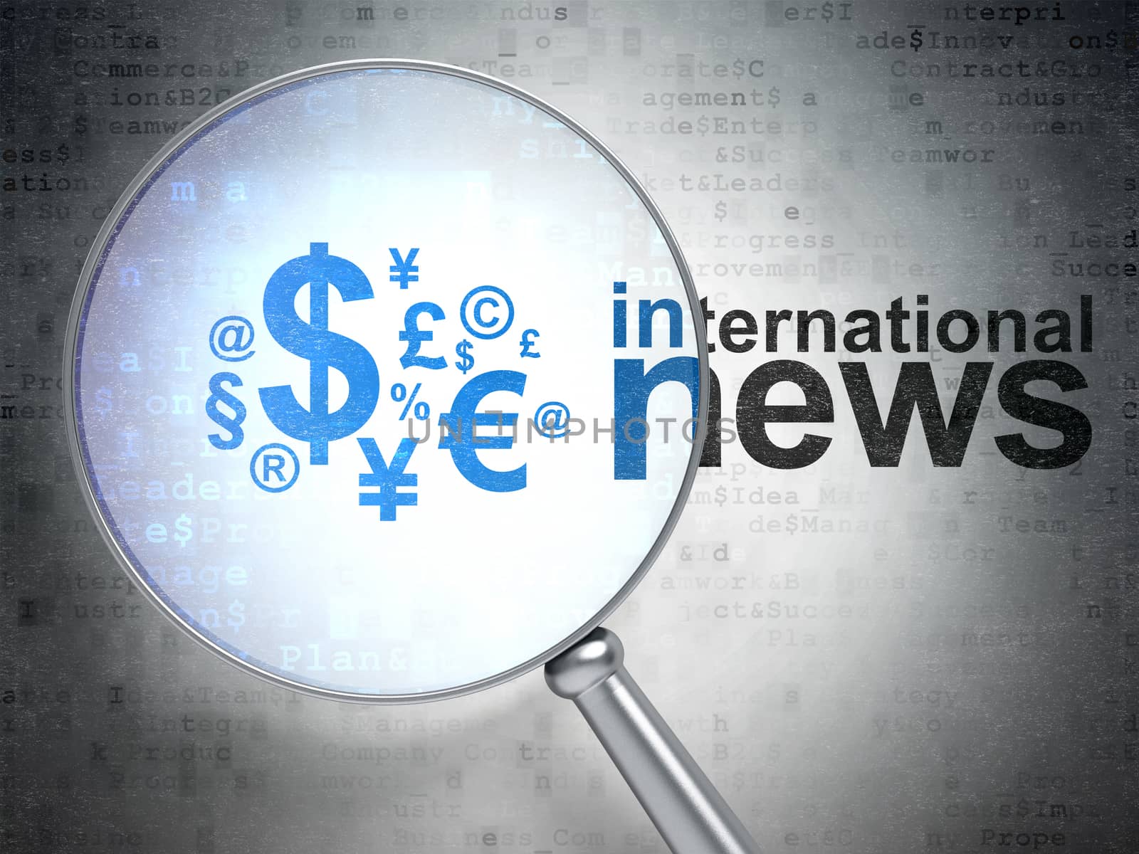 News concept: magnifying optical glass with Finance Symbol icon and International News word on digital background, 3D rendering