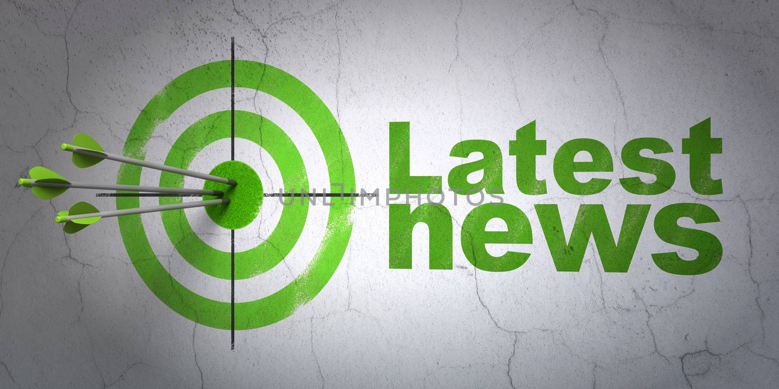 Success news concept: arrows hitting the center of target, Green Latest News on wall background, 3D rendering