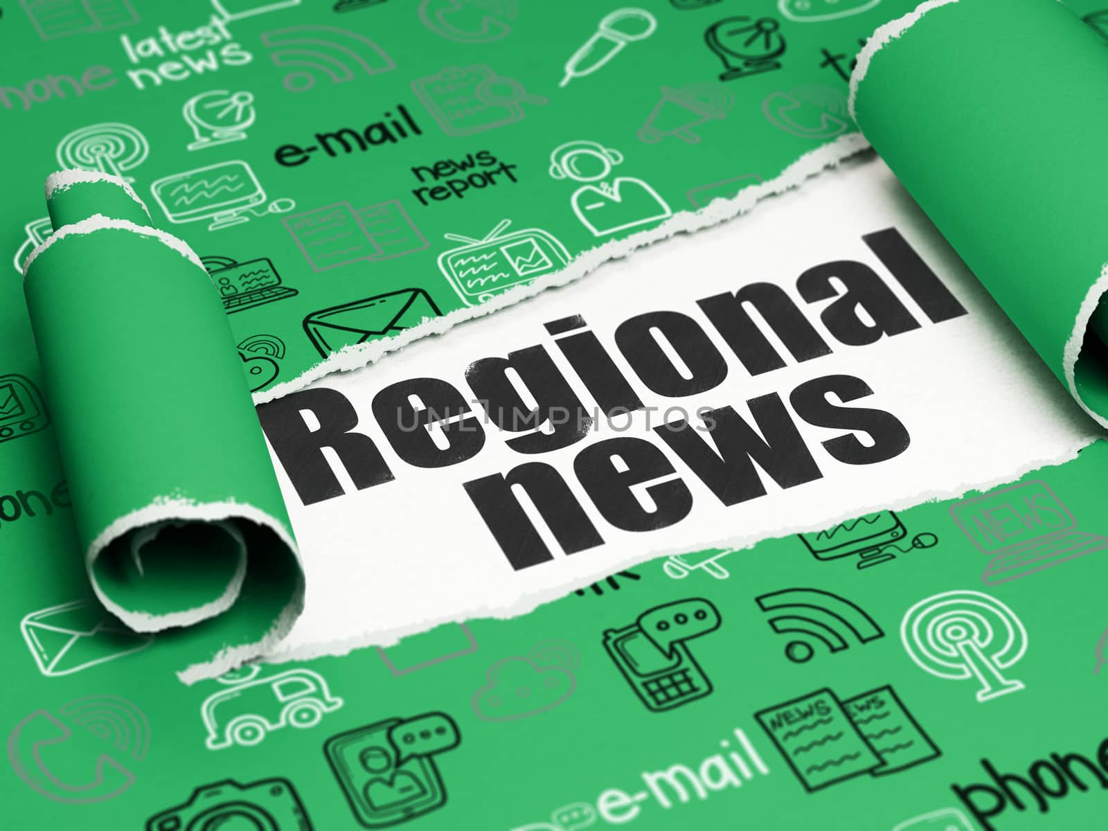 News concept: black text Regional News under the curled piece of Green torn paper with  Hand Drawn News Icons, 3D rendering