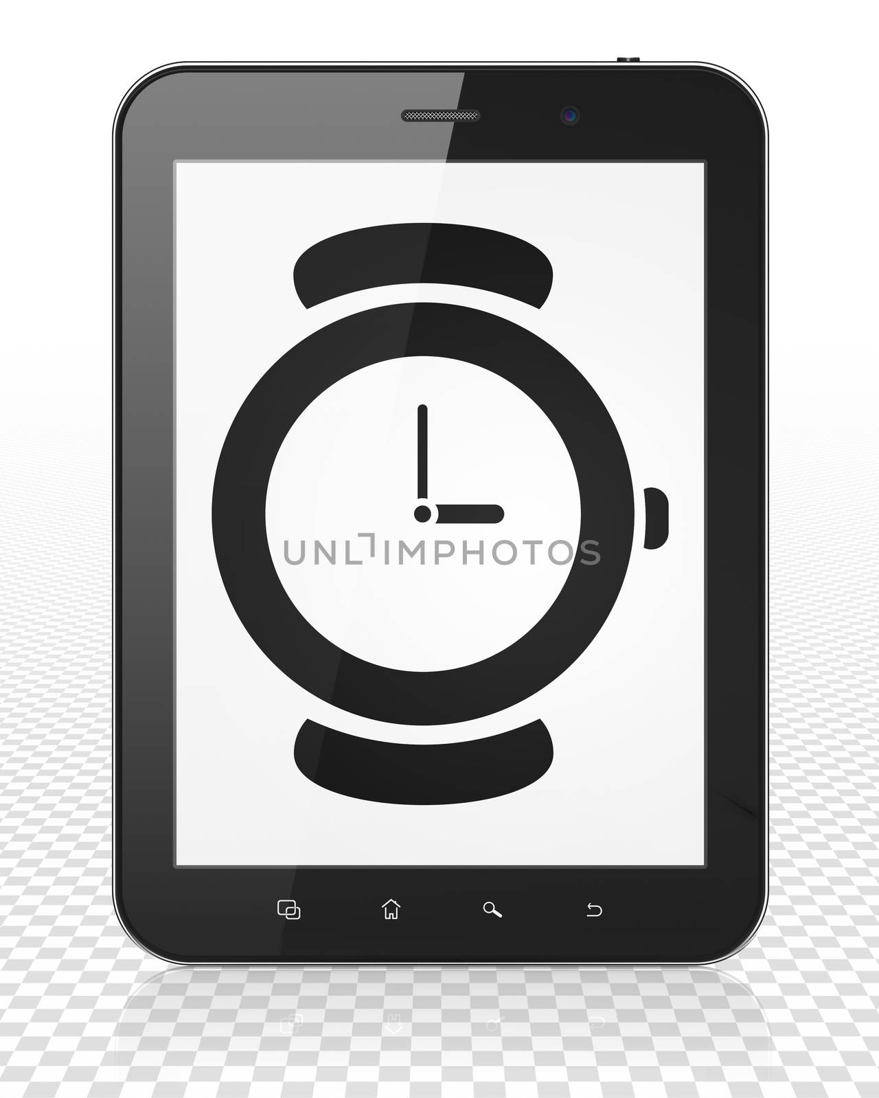 Timeline concept: Tablet Pc Computer with black Watch icon on display, 3D rendering
